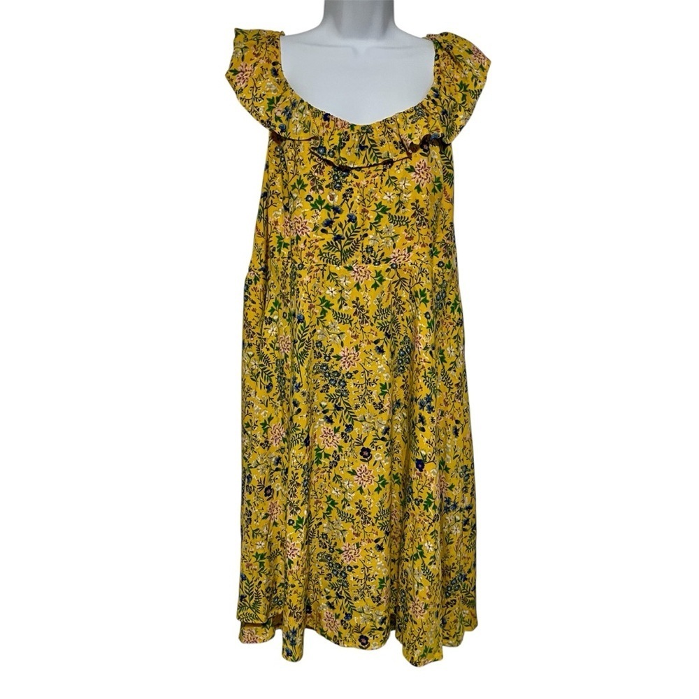 Vibrant Yellow Floral Midi Dress Ruffle Neckline Size XL Spring Easter Summer